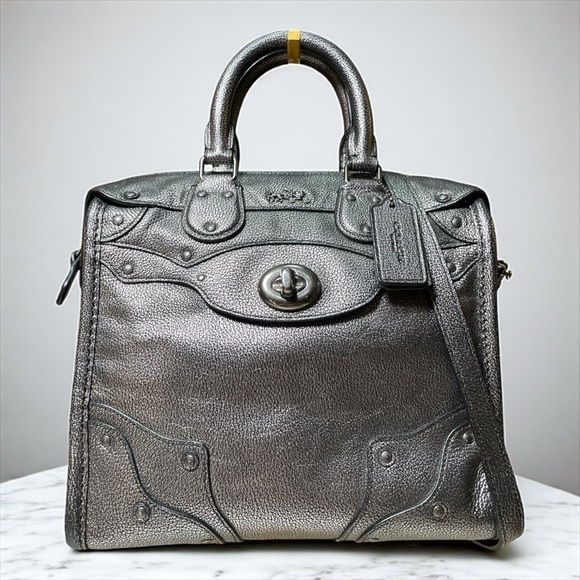Coach Mini Rhyder 33 Metallic Gunmetal Leather Satchel Bag with Crossbody Strap - Picture 1 of 17